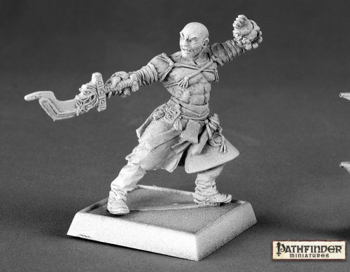 Pathfinder Sajan Iconic Male Monk. An unpainted mini of a human man in a fighting pose, holding a sword in front of him.