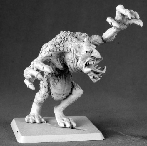 Pathfinder Troll miniature, 28mm white metal figure on plastic base, featuring detailed creature design, sharp teeth, and claws from Paizo's campaign setting, unpainted miniature by Pathfinder Miniatures, suitable for tabletop gaming and modeling enthusiasts.