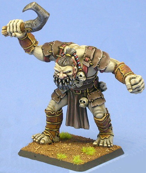Pathfinder Hookmaw Kreeg 28mm white metal miniature, an unpainted model with slotted base, featuring brown armor, axe, and skull ornament, set on a grassy dirt base from the Paizo Pathfinder campaign setting.