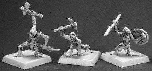 An image of 3 Charau-Ka warriors holding an array of weapons. From left to right, Charau-Ka 1 holds a dagger and a crude axe, Charau-Ka 2 holds a pick axe, and Charau-Ka 3 holds a spear and shield. (Front View)