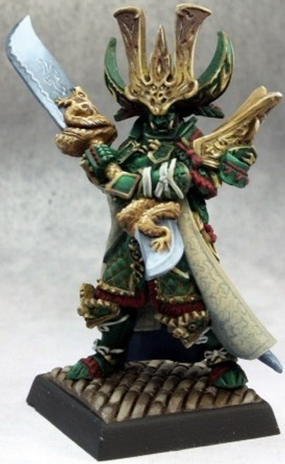 An image of the Jade Regent, a tall, imposing figure, standing almost seven feet tall and wearing an o-yoroi of imperial rule made from jade. (Front View)