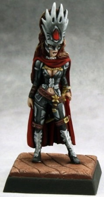 An image of a fully built and painted Pathfinder leader, wearing tight clothes, a cloak, and a papally large headdress. (Front View)