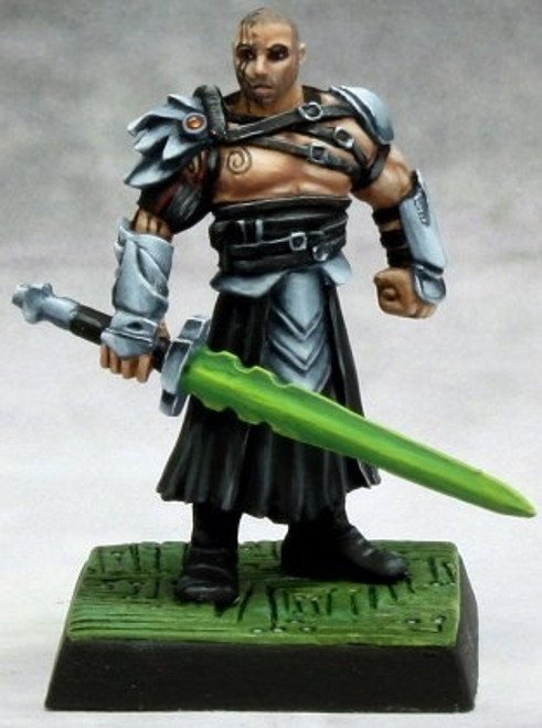 An image of a fully built and painted Technic League Captain, a buff Numerian warrior in armor with a large sword  grasped in the right hand. (Front View)
