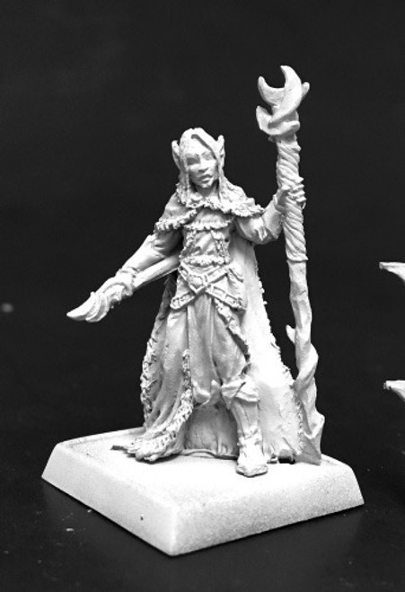 An image of Aravashnial, elf wizard, carrying multiple magical implements including a tall staff. (Front View)
