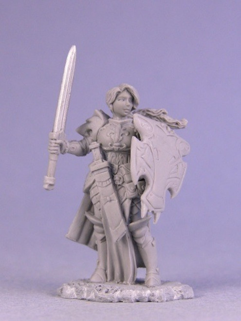 An image of Trista, a heavily armored Female Warrior, bearing a massive shield on her left arm and holding up a large sword with her right hand. (Front View)