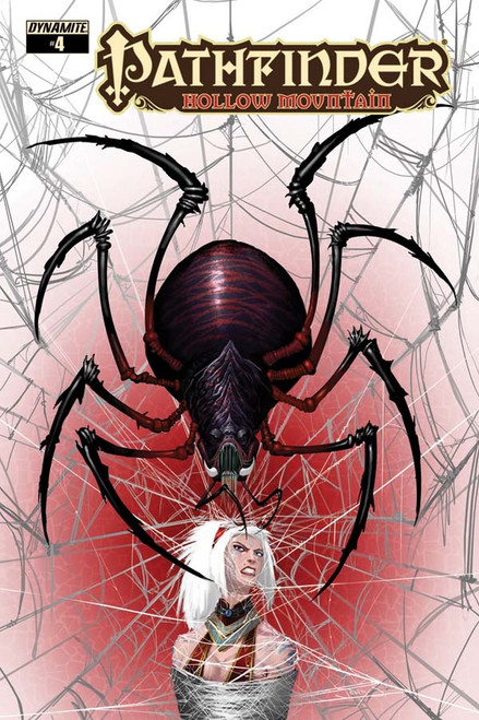 Pathfinder—Hollow Mountain #4 (Standard Cover—Jeremy Saliba) shows a large dark-red spider climbing down its spiderweb toward a female human sorcerer below who’s wrapped tightly in spiderwebs.