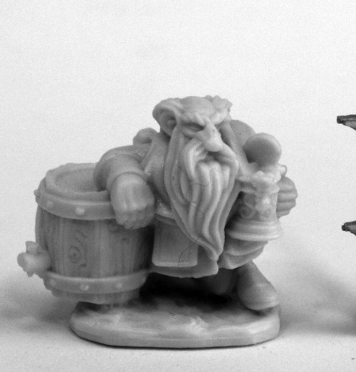 An image of a surly Dwarven Brewer leaning to the right on a barrel of ale while holding a frothy mug of ale in the left hand. (Front View)