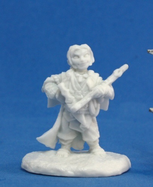 An image of the halfling iconic Pathfinder Bard, Lem, looking to cause some mischief with music. (Front View)