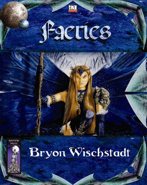 Fey races and creatures d20 guide PDF cover, featuring a faerie with long hair and staff on a dark blue background with a moon and leafy border in fantasy faerie art.
