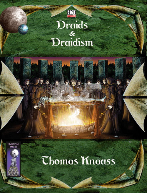 Thomas Knaass' d20 PDF supplement Druids & Druidism book, featuring 8 new prestige classes, 20+ feats, and 25 spells, with natural material crafts, herbal remedies, and venom harvesting, a comprehensive guide for druidic characters and players.