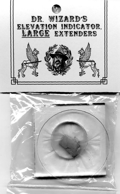 Dr. Wizard's Patented Elevation Indicator Large Extender product image, with cardboard hanger card and baggie packaged with top and bottom plate expansions for large miniatures.