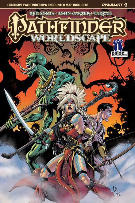 Pathfinder—Worldscape #2 (Paizo.com Exclusive) shows a female human sorcerer, a male human fighter, and a larger four-armed green-skinned alien humanoid standing back to back in a misty jungle at sunset while creepy humanoid figures stare at them from the undergrowth.