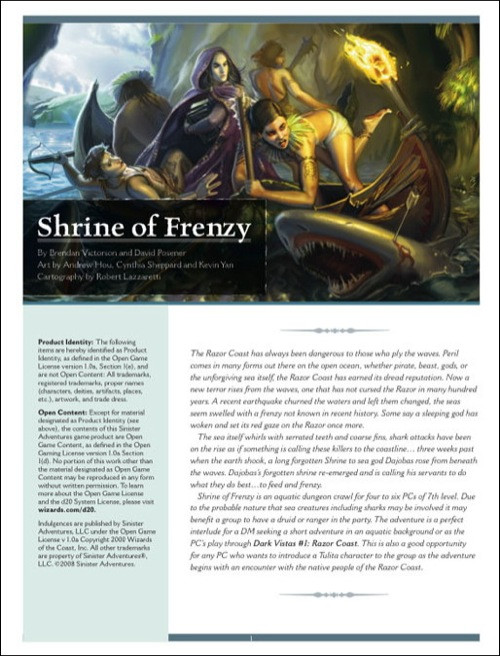 14-page PDF adventure, 'Shrine of Frenzy' by Brendan Victorson, set in a forbidden cove with a sleeping god, where sharks and frenzied seas collide, an aquatic dungeon crawl for fantasy Role-playing games.