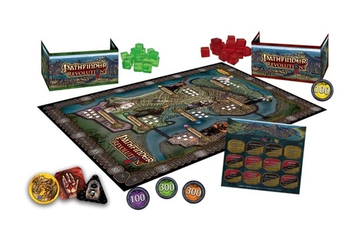 Pathfinder Revolution! components are laid out on display, including a wide range of dice, green and red plastic game pieces, a large game board featuring a city map, and some card boxes and other sheets for use in game play.
