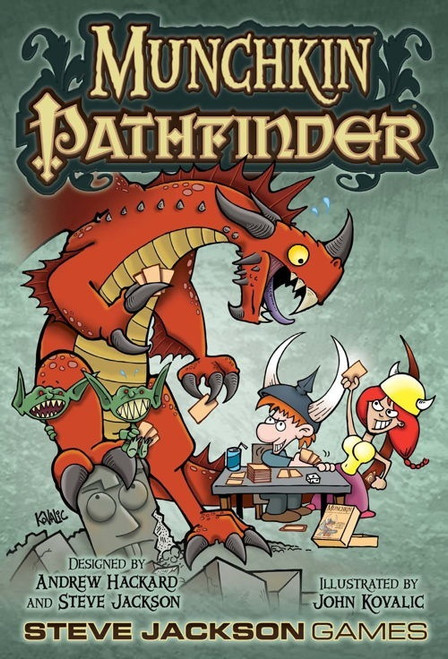 Munchkin Pathfinder product cover shows a big-eyed red cartoon dragon playing cards on a table with a pair of cartoon heroes, as two toothy green cartoon goblins cling to the dragon’s leg, all in front of a misty green background.