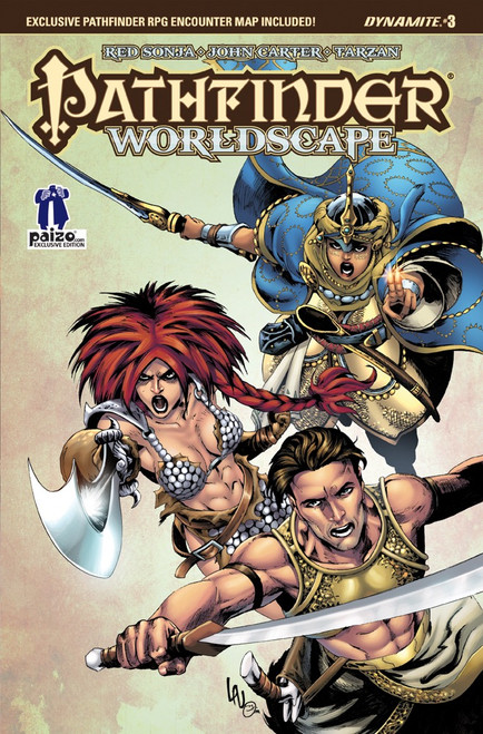 Pathfinder—Worldscape #3 (Paizo.com Exclusive) shows a male human fighter with a sword, a female human gladiator with a sword in a chainmail bikini, and a female human cleric in blue robes with a scimitar, all rushing forward to attack.