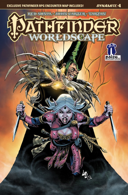 Pathfinder—Worldscape #4 (Paizo.com Exclusive) shows a female elven rogue leaping toward us with a dagger in each hand, while behind her looms a towering robed humanoid figure before a fiery background.
