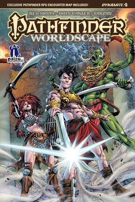 Pathfinder—Worldscape #5 (Paizo.com Exclusive) shows a male human fighter with a shining sword, a red-haired female human gladiator in a chainmail bikini, and a tall green-skinned four-armed alien humanoid all in battle poses in a crowded arena.