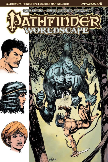 Pathfinder—Worldscape #6 (Standard Cover—Tom Mandrake) shows a nearly naked human barbarian and a multi-armed gorilla-like monster fighting in among the branches in a jungle, while three character portraits are lined up to the left.