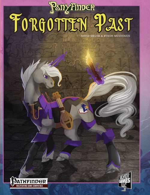 Ponyfinder Forgotten Past PDF cover features a gray pony with white mane and purple accents, holding a guitar and candle, set against a stone background with Pathfinder branding.