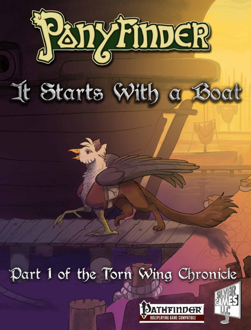 Ponyfinder It Starts With a Boat PDF, a 1-3 level adventure game featuring griffons and pegasi in a war across the sea, compatible with Pathfinder, a fantasy RPG supplement from a popular tabletop gaming brand.