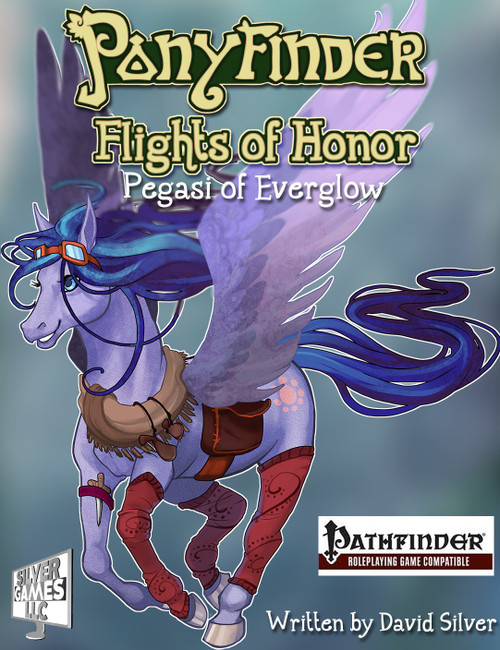 Pegasi of Everglow PDF, a Ponyfinder accessory, featuring a purple pegasus with blue mane and goggles. Includes feats, spells, and equipment for feathered ponies in the Pathfinder RPG, exploring pegasus home life and adventuring.