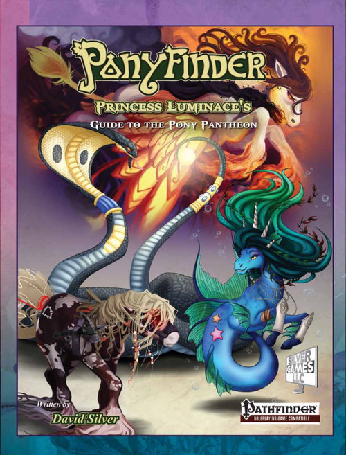 Ponyfinder - Princess Luminace's comprehensive guide to the Pony Pantheon PDF cover, featuring a colorful backdrop, with a seahorse-like pony, dark horned creature, and snake-like entity, amidst vibrant multicolored designs, PDF format, 100-page study.