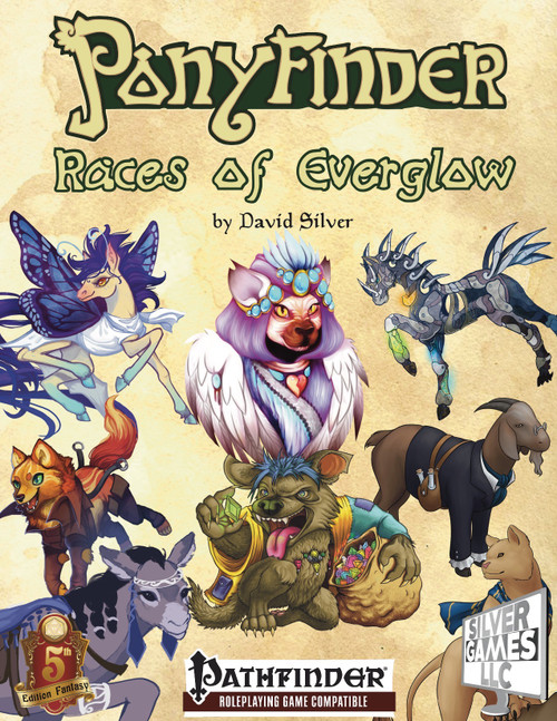 Ponyfinder Races of Everglow PDF by David Silver, a 128-page PDF featuring two new fantasy races: gem gnolls and donkies, compatible with Pathfinder roleplaying game and showcasing diverse mythical beings.