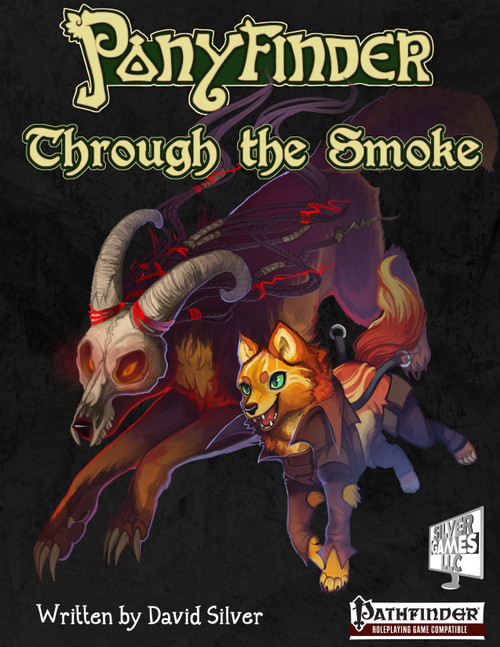 Pathfinder RPG accessory Ponyfinder Through the Smoke PDF cover featuring a phoenix wolf, a skull design, and a fiery color scheme; compatible with Ponyfinder and Pathfinder Roleplaying Game.