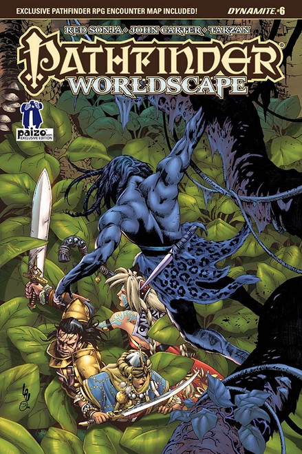 Pathfinder—Worldscape #6 (Paizo.com Exclusive) shows a male human barbarian in a leopard-print loincloth hiding in the shadows of a treetop about to leap down into the grass below to attack a group of adventurers walking by.