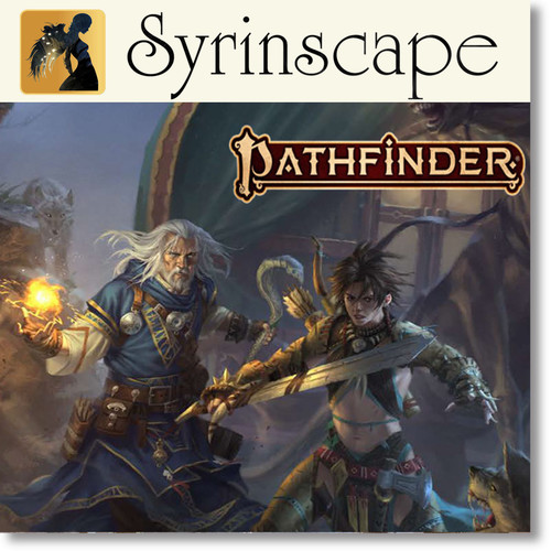 Fall of Plaguestone SoundPack. Two adventurers in front of a covered wagon, one a wizard with fire held aloft in his hand, and the other a barbarian wielding her giant sword.