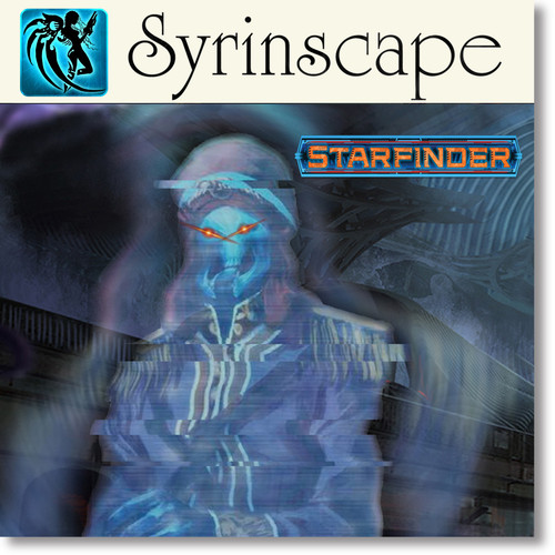 Living hologram. A glitching hologram of an alien with glowing red eyes and a skeletal mouth stands in front of a dark corridor.