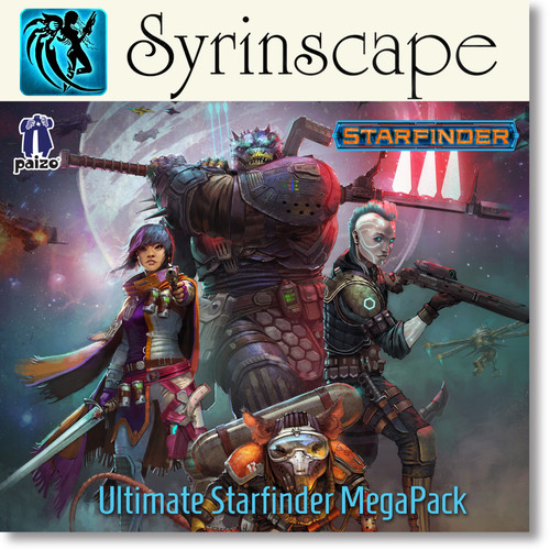 Ultimate Starfinder MegaPack. Four adventurers, one human and the others aliens, stand in heroic poses before a background illustration of a planet.