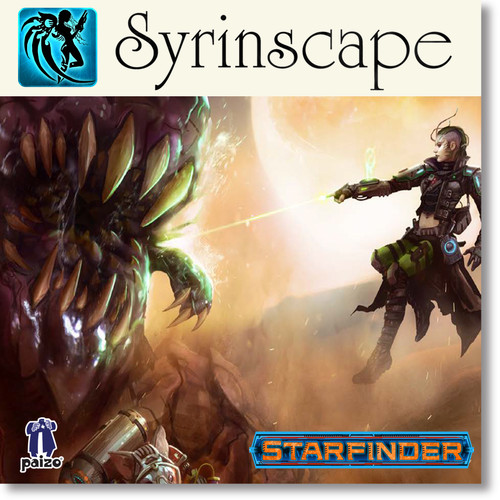 Skreebara battle. A humanoid alien fires a laser beam at a gigantic beast, with only its huge and hideous toothy maw visible.