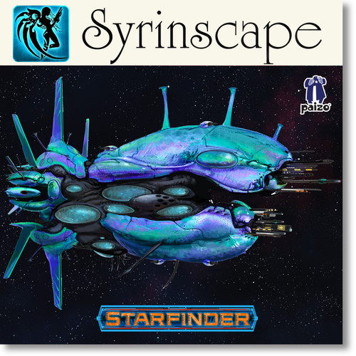 Starfinder Shirren Starships SoundPack. An organic-looking starship with round features, in shades of turquoise and purple.