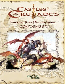 Castles & Crusades Condensed (OGL) PDF game cover features a knight battling a red dragon, castle in background, on a parchment-style cover with sword and logo for an Old School Fantasy Role Playing Game (FRPG).