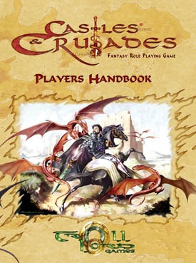 Castles & Crusades Players Handbook 3rd Printing PDF cover: a knight battles a dragon on horseback, set against a parchment background with red title, published by Troll Lord Games, fantasy role playing game guide for characters creation and rules.