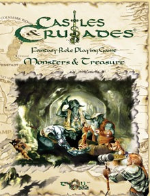 Castles & Crusades: Monsters & Treasure OGL PDF cover featuring a collection of fantasy creatures, parchment background, Castles & Crusades branding, and green title text on a traditional medieval-themed RPG game content page.