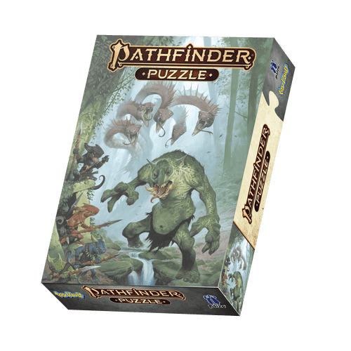 Pathfinder Puzzle — Bestiary product image shows a large cardboard box illustrated with several smaller reptilian humanoids, a large lumbering tusked green humanoid troll, and a looming multi-headed red snake monster all posing menacingly in a spooky, foggy swamp.