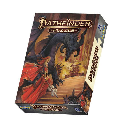 Pathfinder 1000 Piece Puzzle: Gamemastery Guide product image shows a large cardboard box illustrated with a human woman in a red cloak carrying a ranseur as she looks back over her shoulder while climbing stone stairs toward an evil-looking throne, while a huge horned black dragon looms nearby.