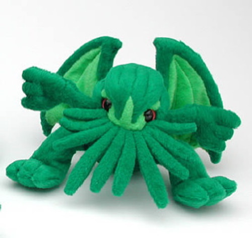 Mini Cthulhu Plush shows a weirdly adorable stuffed toy of a green humanoid monster with an octopus body for a head and face and with two large bat-like wings.