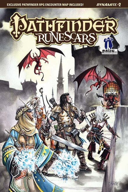 Pathfinder—Runescars #2 (Paizo.com Exclusive) shows a group of adventurers, including a female human cleric, a female human sorcerer, a male human fighter, and a female elf rogue, approaching over a long bridge toward a spooky castle, while a pair of red-winged gargoyle like monsters fly in the air in front of them.