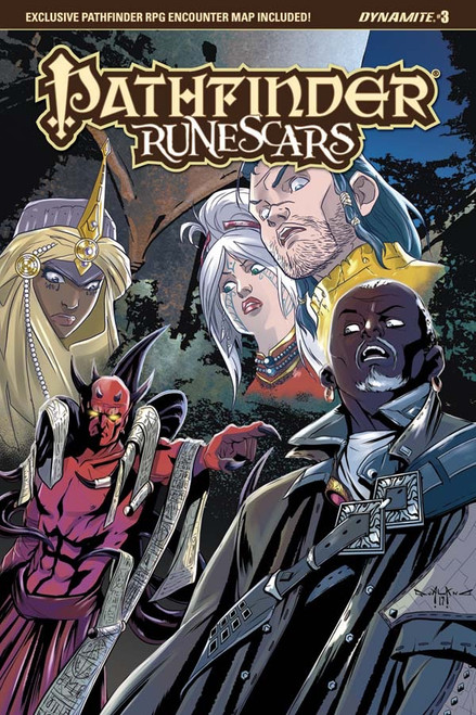 Pathfinder—Runescars #3 (Standard Cover—Pasquale Qualano) shows several different familiar-looking adventurers gathered together as they look downward with concern, while a red humanoid devil covered with long scrolls draped over his horns stands in the lower left corner.