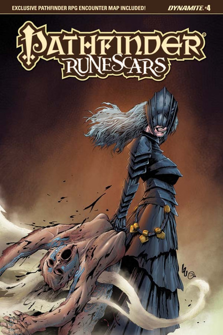 Pathfinder—Runescars #4 (Standard Cover—Jonathan Lau) shows a female human cultist wearing dark armor and a mask that covers most of her face walking past a dried up humanoid corpse in front of a misty background.
