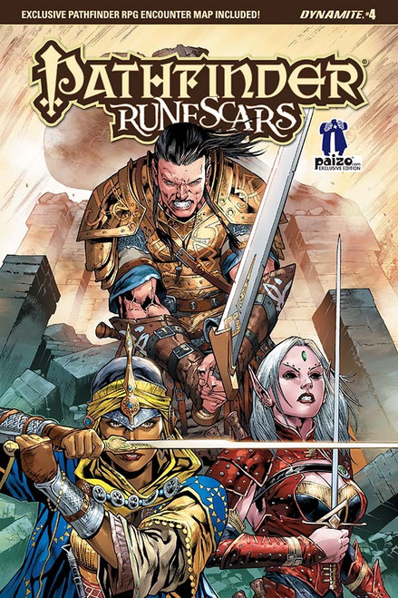 Pathfinder—Runescars #4 (Paizo.com Exclusive) shows a male human fighter, a female human cleric, and a female elven rogue standing in battle poses in front of a pile of fallen rubble.