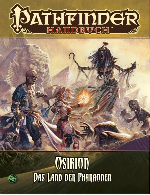Pathfinder Osirion - Land der Pharaonen PDF cover shows a male human monk and a female human sorcerer being ambushed in the desert sands by a floating mummy and the mummy’s undead skeletal minions who rise up from the sands all around; in the background is a large stone sphinx and some pyramids against a cloudy yellow sky.
