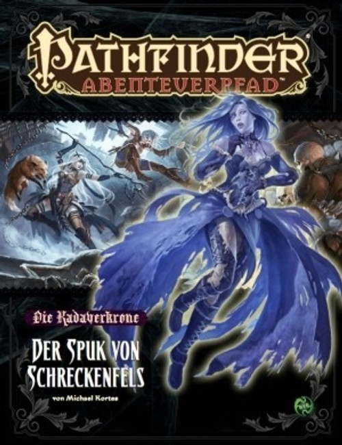 Pathfinder Der Spuk von Schreckenfels PDF cover shows a ghostly human woman floating in the air, glowing blue and dressed in billowing blue clothes in the foreground; in the background we several a pair of adventurers (a female elf rogue, and a female human witch with her pet fox) inside of a partially collapsed wooden building as they leap to attack some undead human skeletons.