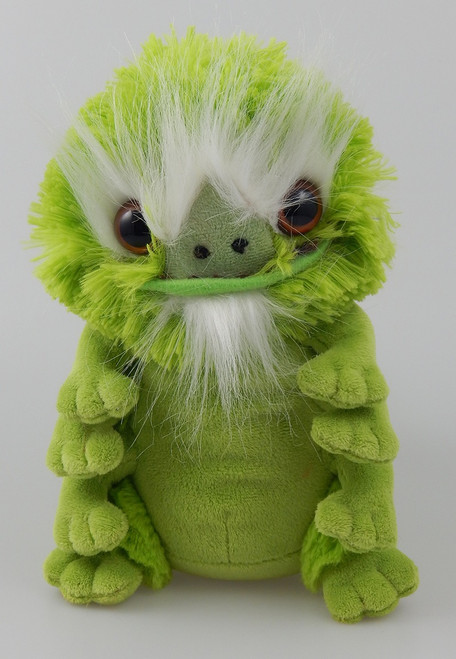 Starfinder Skittermander Gamer Pouch—Green, officially licensed plush gaming accessory featuring fuzzy white and green design with orange eyes, zippered pouch, carabiner clip, for storing small dice and tokens, soft green material.