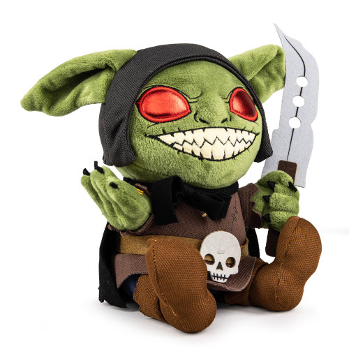 Pathfinder Goblin Phunny Plush by Kidrobot, product image reveals a horrifyingly adorable red-eyed stuffed goblin with a wide wicked grin and an even more wicked-looking dogslicer sword!