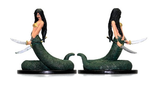 Pathfinder Battles Rise of the Runelords Lamia Matriarch large base figurine in green and gold, featuring a mermaid-like creature with black hair, swords, on a black base from Pathfinder and WizKids.